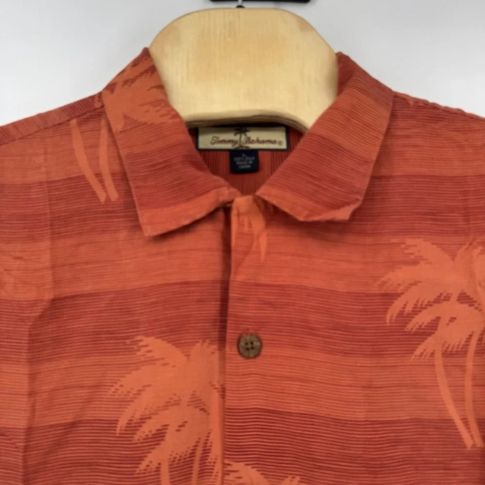 Tommy Bahama Mens Large Silk Palm Tree Jacquard Camp Shirt Burnt Orange S/S